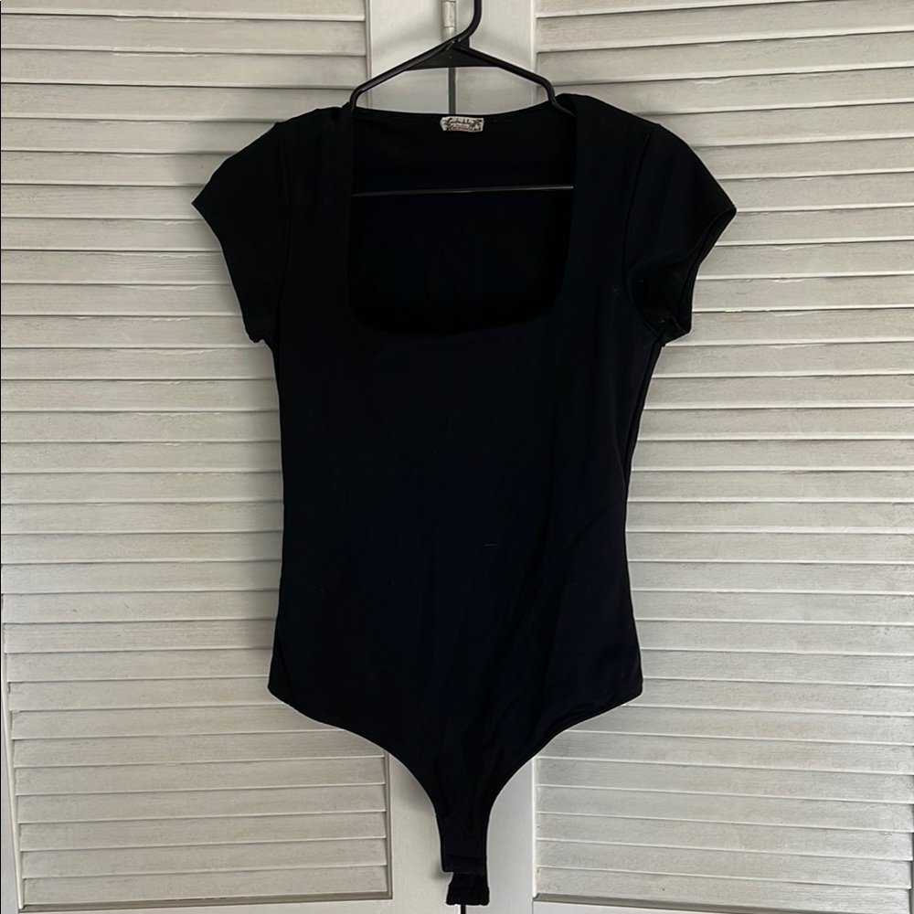 Free People Black Short Sleeve Bodysuit
